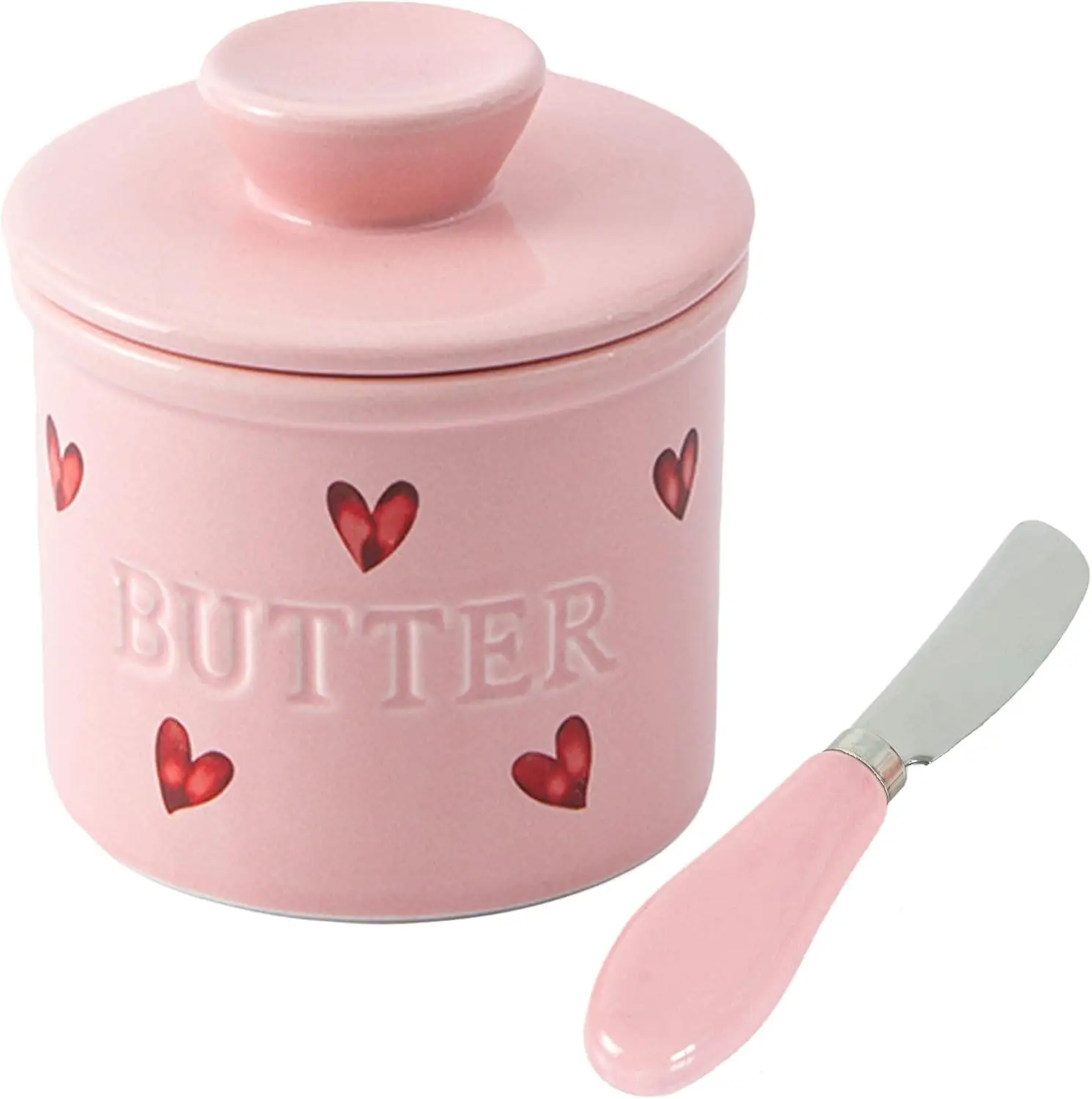 Ceramic Butter Crock with Knife, Pink Love Butter Dish