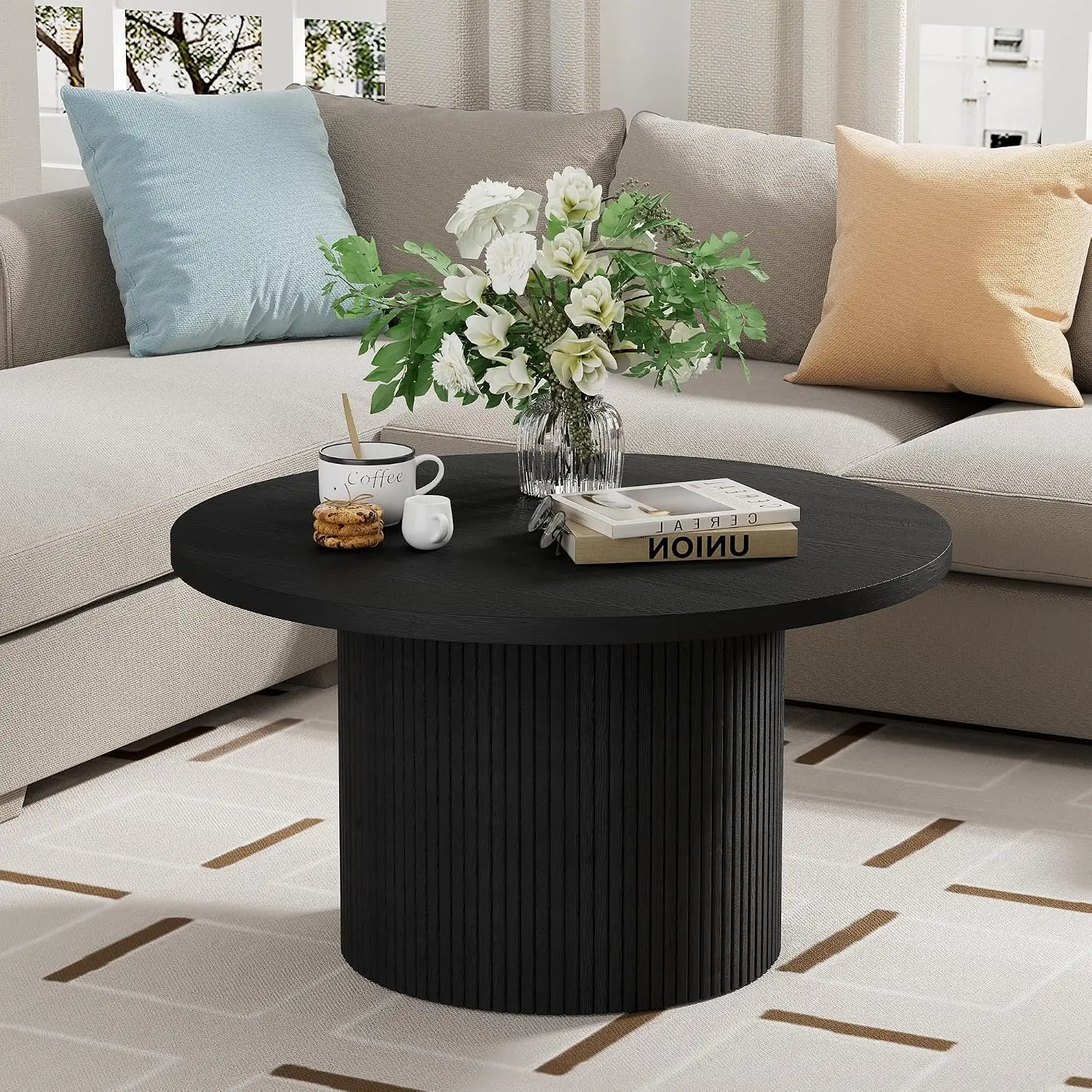 Furniway Round Coffee Table — 35.4 in, Black