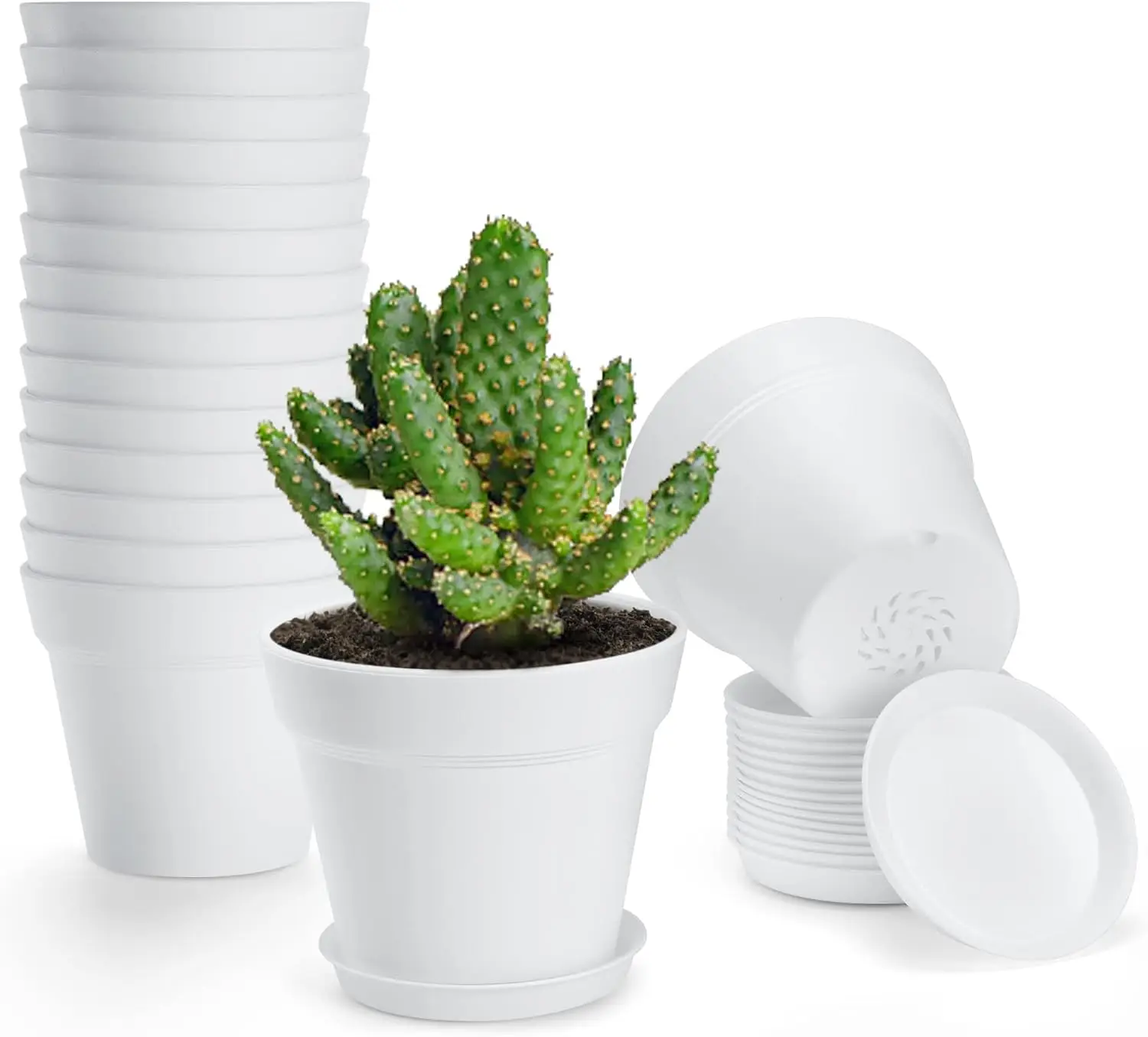 4 inch 16 Pack Plastic Plant Pots with Drainage Holes and Tray, White
