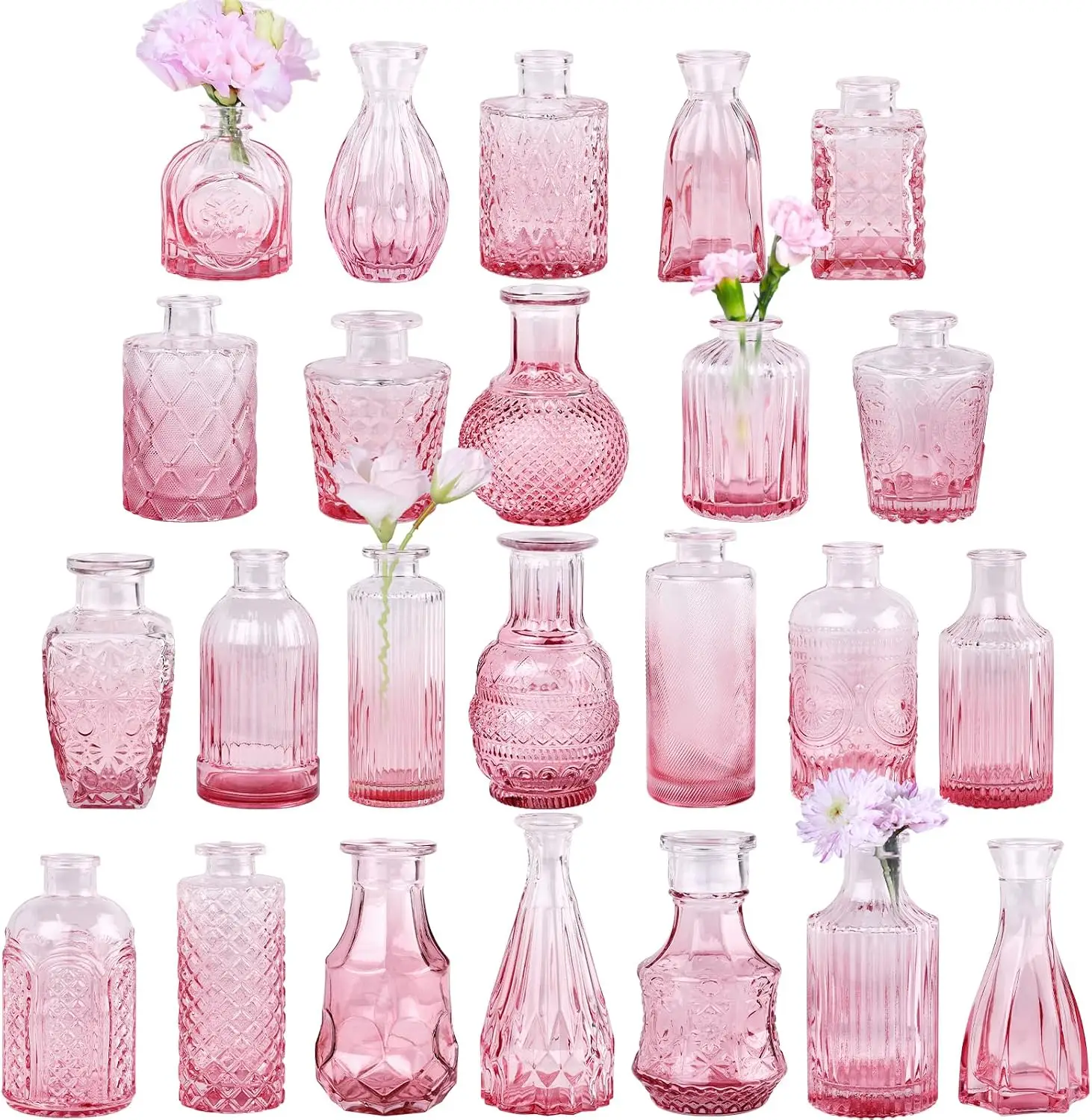 Pink Glass Bud Vase Set of 24, Small Flower Vases